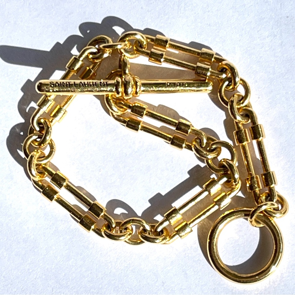 Vintage Authentic Saint Laurent Paris Gold Brass T-Bar Link Bracelet 7”